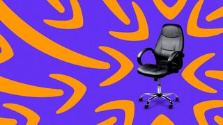 Illustration of a lone office chair with multiple large Amazon logo arrows pointing towards the chair.